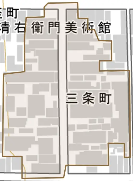 三条町とその周辺の地図。町の範囲を重ねている