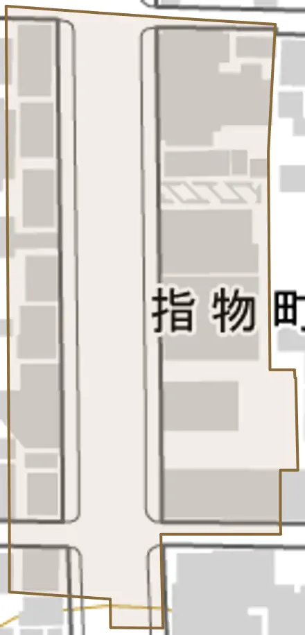 指物町とその周辺の地図。町の範囲を重ねている