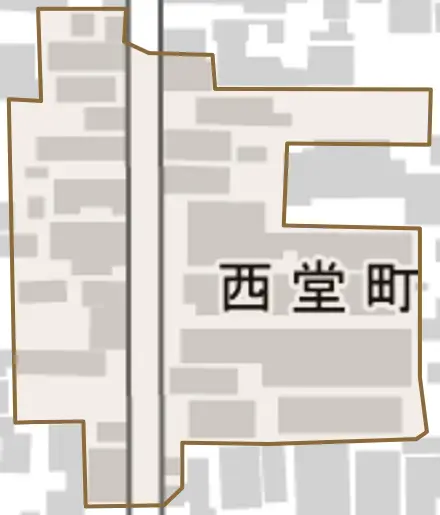西堂町とその周辺の地図。町の範囲を重ねている