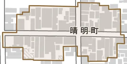 晴明町とその周辺の地図。町の範囲を重ねている