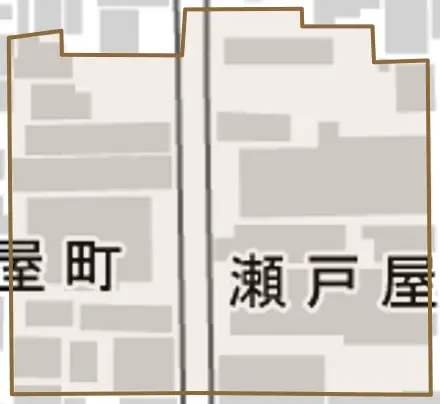 瀬戸屋町とその周辺の地図。町の範囲を重ねている