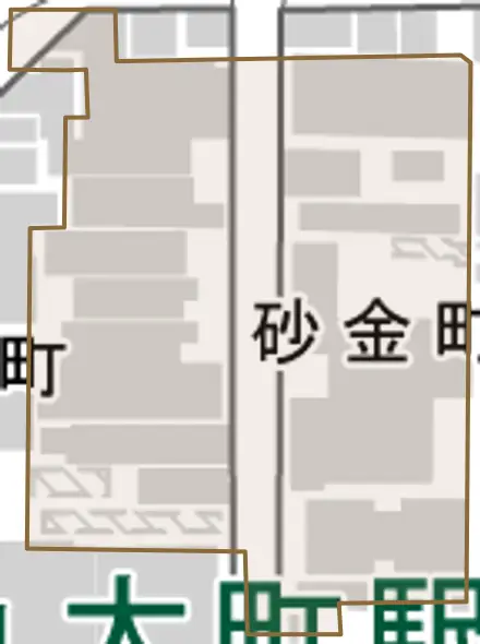 砂金町とその周辺の地図。町の範囲を重ねている