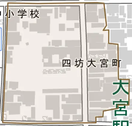 四坊大宮町とその周辺の地図。町の範囲を重ねている