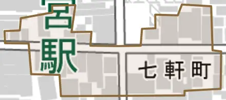 七軒町とその周辺の地図。町の範囲を重ねている