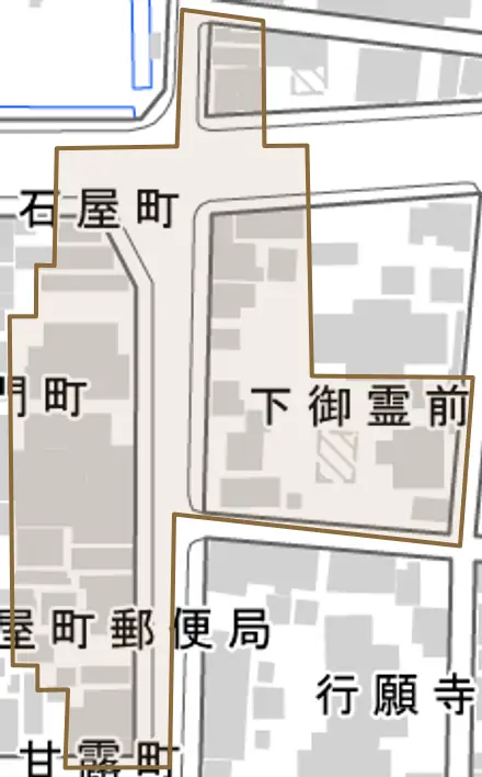 下御霊前町とその周辺の地図。町の範囲を重ねている