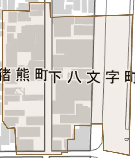 下八文字町とその周辺の地図。町の範囲を重ねている