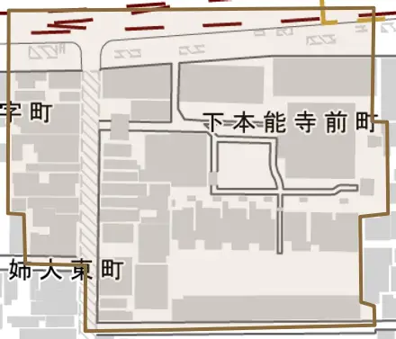 下本能寺前町とその周辺の地図。町の範囲を重ねている