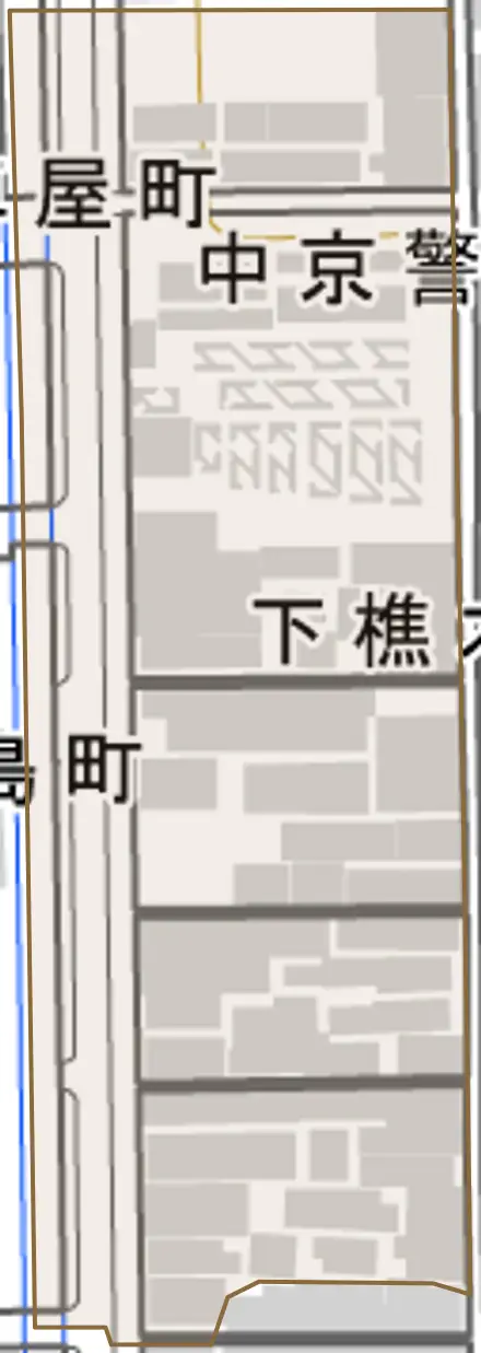 下樵木町とその周辺の地図。町の範囲を重ねている