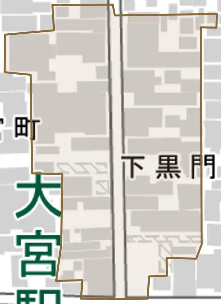 下黒門町とその周辺の地図。町の範囲を重ねている