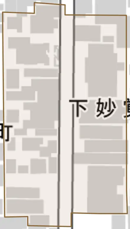 下妙覚寺町とその周辺の地図。町の範囲を重ねている