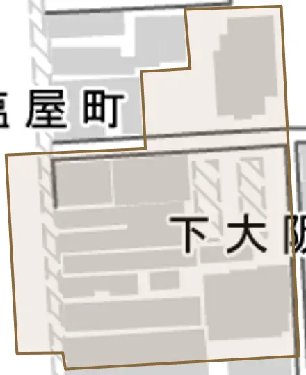 下大阪町とその周辺の地図。町の範囲を重ねている