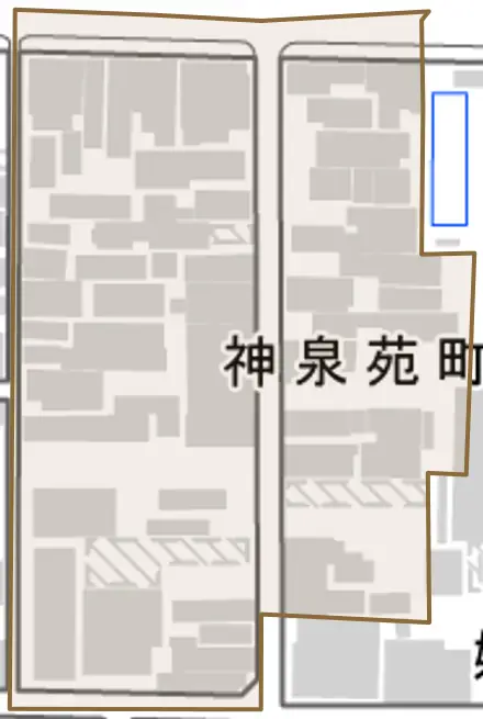 神泉苑町とその周辺の地図。町の範囲を重ねている