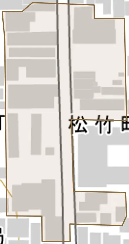 松竹町とその周辺の地図。町の範囲を重ねている
