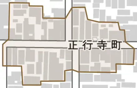 正行寺町とその周辺の地図。町の範囲を重ねている