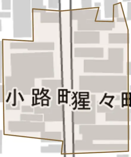 猩々町とその周辺の地図。町の範囲を重ねている