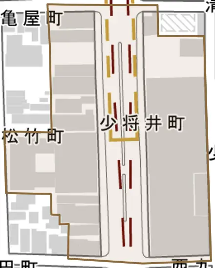 少将井町とその周辺の地図。町の範囲を重ねている