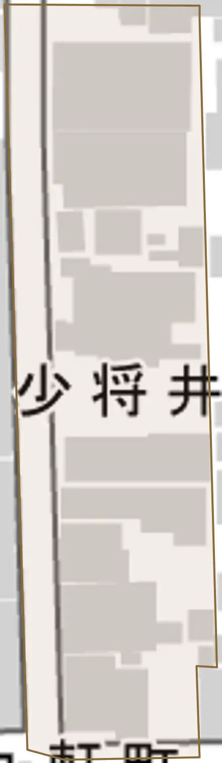 少将井御旅町とその周辺の地図。町の範囲を重ねている
