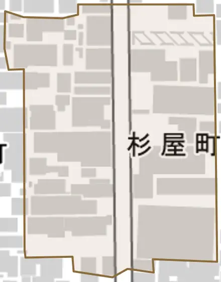 杉屋町とその周辺の地図。町の範囲を重ねている