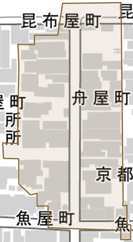 舟屋町とその周辺の地図。町の範囲を重ねている