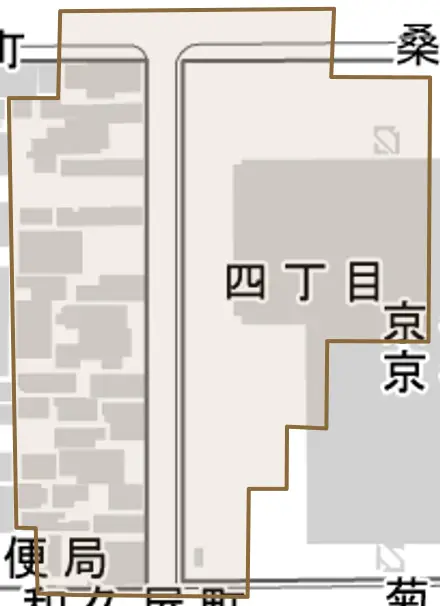 四丁目とその周辺の地図。町の範囲を重ねている