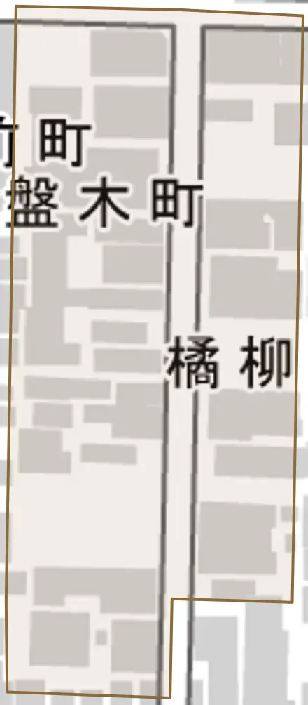 橘柳町とその周辺の地図。町の範囲を重ねている