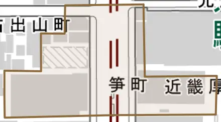 笋町とその周辺の地図。町の範囲を重ねている