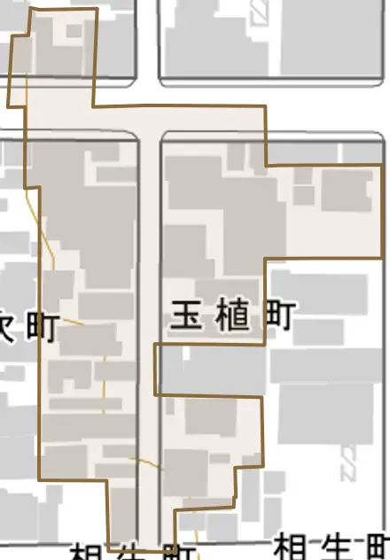玉植町とその周辺の地図。町の範囲を重ねている