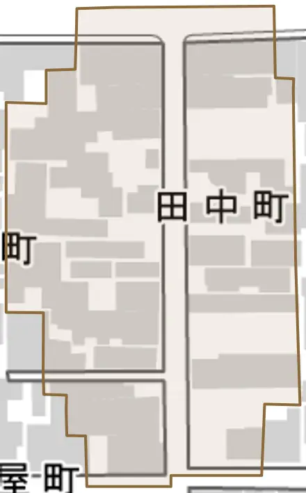 田中町とその周辺の地図。町の範囲を重ねている