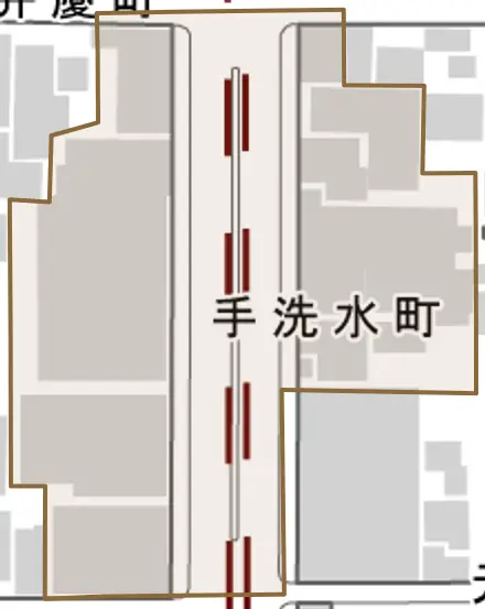 手洗水町とその周辺の地図。町の範囲を重ねている