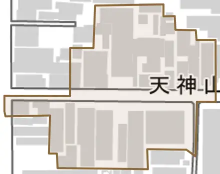 天神山町とその周辺の地図。町の範囲を重ねている