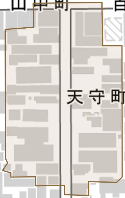 天守町とその周辺の地図。町の範囲を重ねている