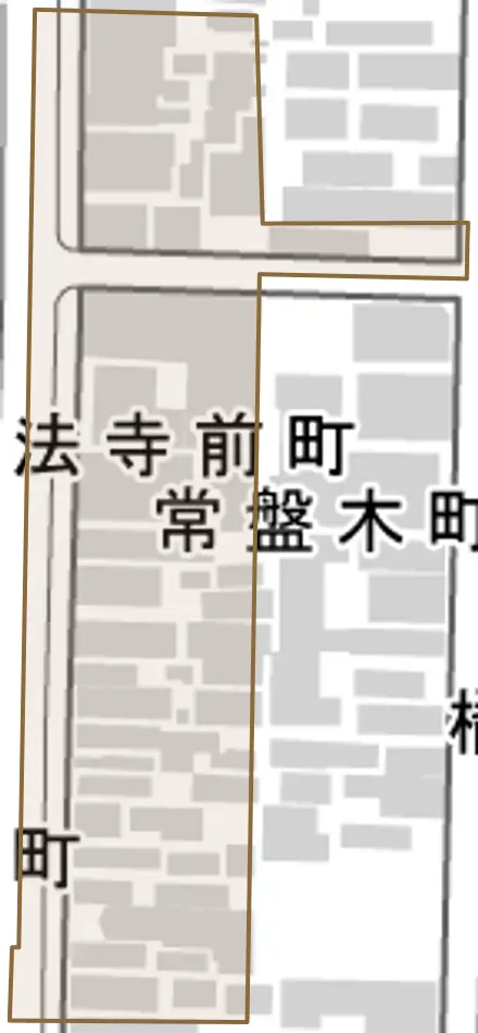 常盤木町とその周辺の地図。町の範囲を重ねている