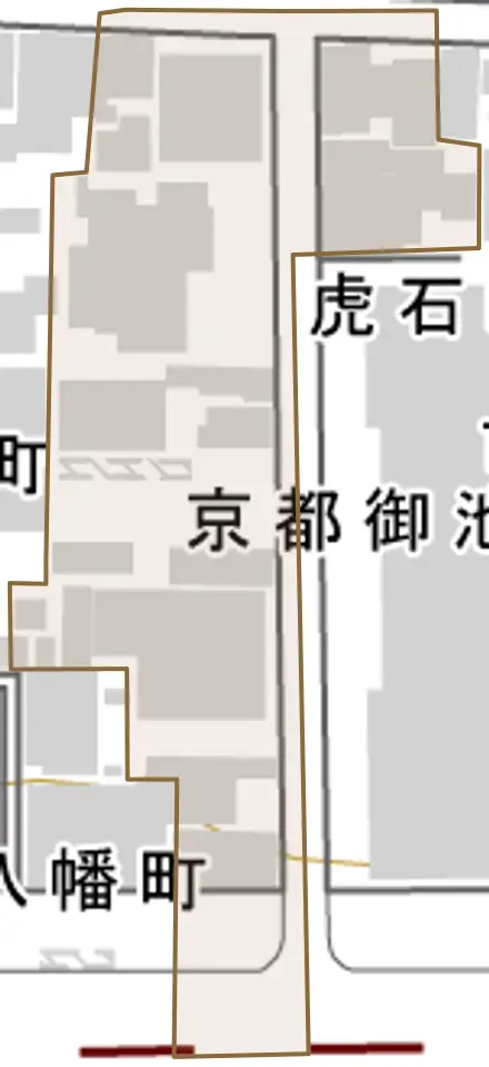 虎石町とその周辺の地図。町の範囲を重ねている