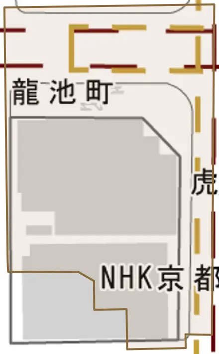 虎屋町とその周辺の地図。町の範囲を重ねている