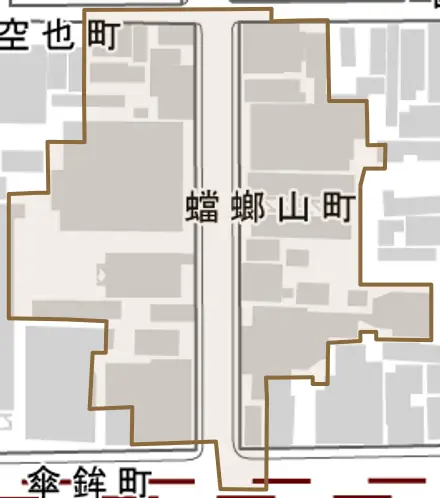 蟷螂山町とその周辺の地図。町の範囲を重ねている