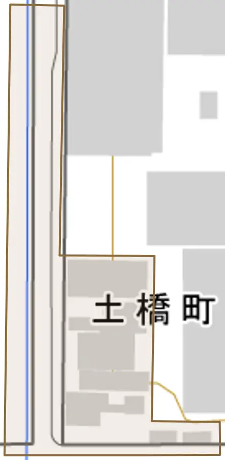土橋町とその周辺の地図。町の範囲を重ねている
