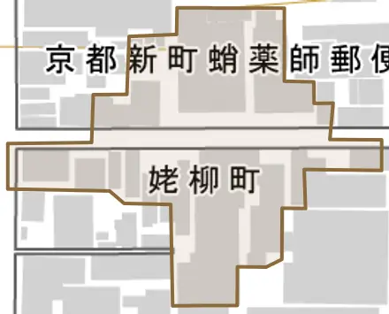 姥柳町とその周辺の地図。町の範囲を重ねている