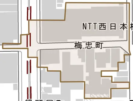 梅忠町とその周辺の地図。町の範囲を重ねている