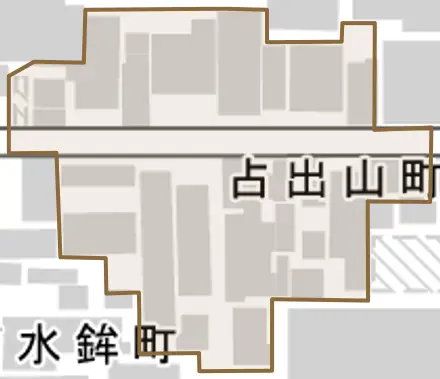 占出山町とその周辺の地図。町の範囲を重ねている