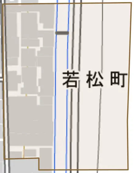 若松町とその周辺の地図。町の範囲を重ねている