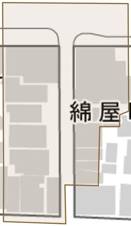 綿屋町とその周辺の地図。町の範囲を重ねている
