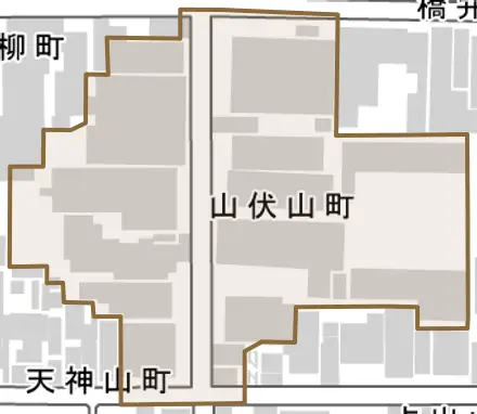 山伏山町とその周辺の地図。町の範囲を重ねている
