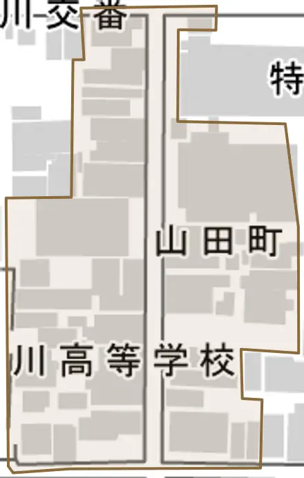 山田町とその周辺の地図。町の範囲を重ねている