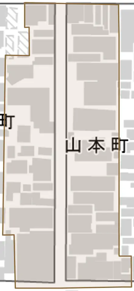 山本町とその周辺の地図。町の範囲を重ねている