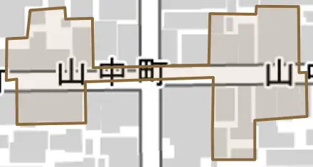 山中町とその周辺の地図。町の範囲を重ねている