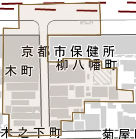 柳八幡町とその周辺の地図。町の範囲を重ねている