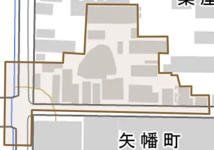 矢幡町とその周辺の地図。町の範囲を重ねている