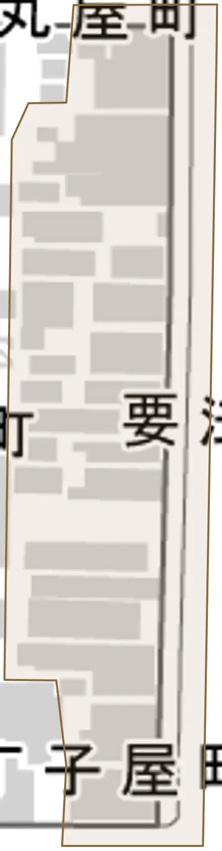 要法寺前町とその周辺の地図。町の範囲を重ねている