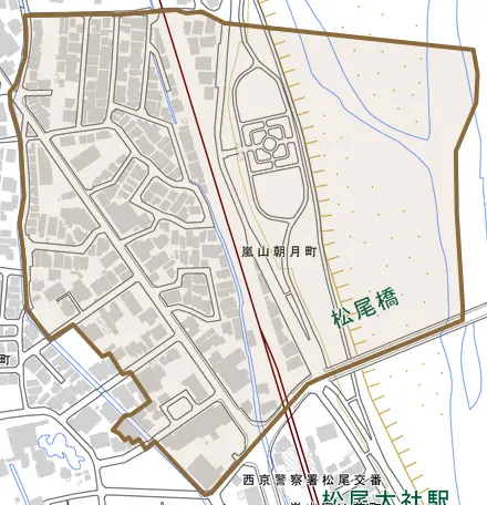 嵐山朝月町とその周辺の地図。町の範囲を重ねている
