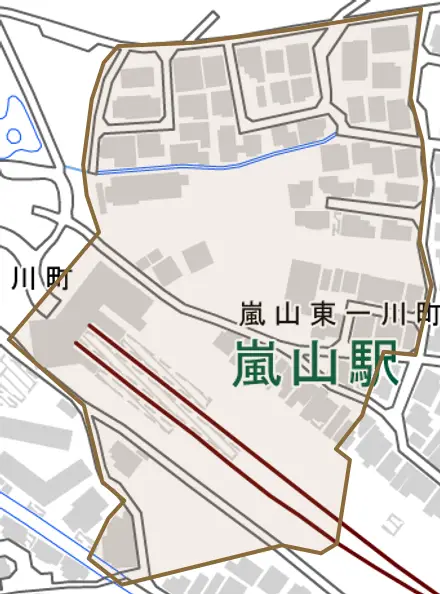 嵐山東一川町とその周辺の地図。町の範囲を重ねている
